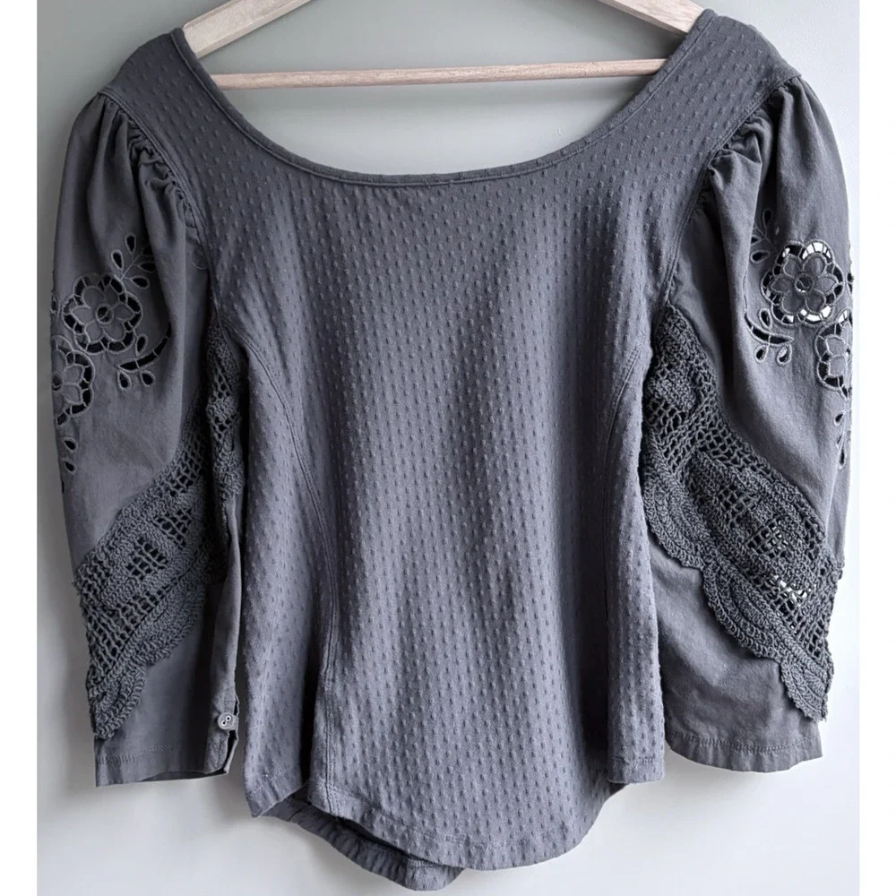 FREE PEOPLE Floral Lace Embroidered Swiss Dot Brunch Date Top Gray Romantic S